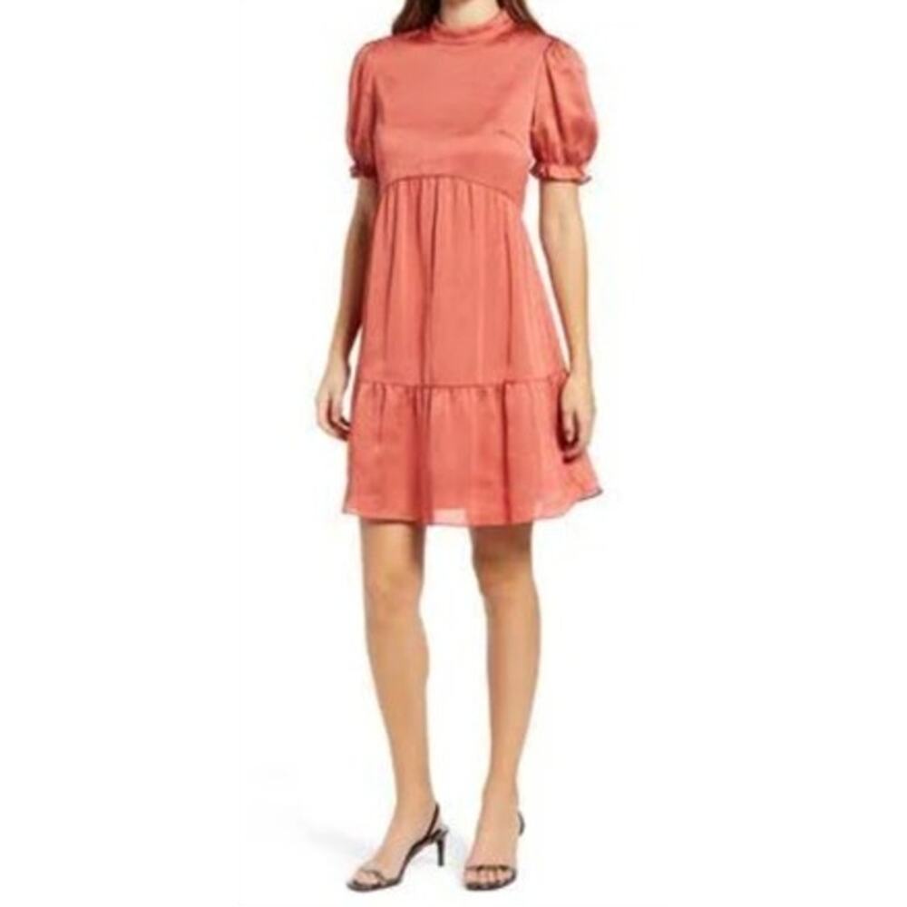 CHI CHI LONDON Satin Smock Dress Size 6 NEW Rust Red Orange Puff Sleeve